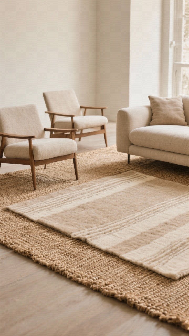 Wide shot of layered natural fiber rugs: a jute or sisal base rug spanning the seating zone with sofa and chairs’ front legs resting on it, topped by a soft wool or flatweave rug in muted sand/oatmeal with subtle stripes or geometric lines; warm, calm color story, soft natural light, photorealistic.