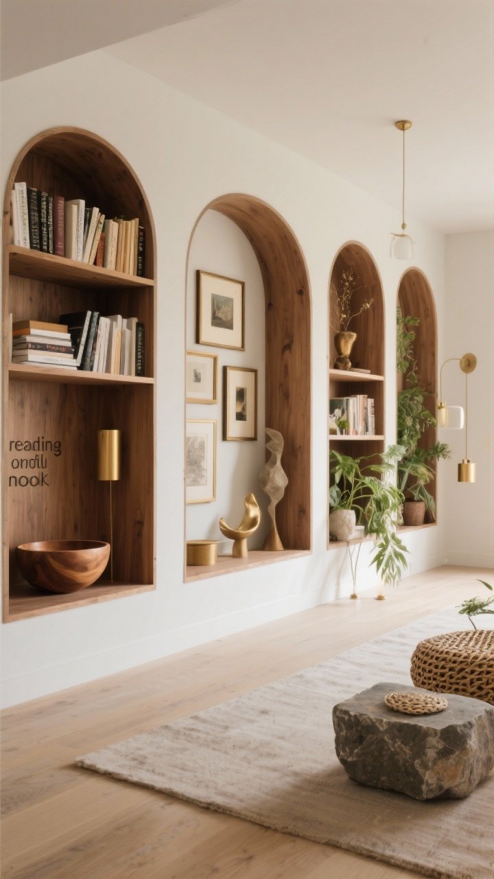 Wide shot of multiple built-in bays, each with a soft theme: left bay “reading nook” dominated by books and a single wood bowl; center bay “artful” with layered frames and sculptural pieces; right bay “organic” with plants, raw stone, and woven textures. Threaded unity via repeated brass accents and warm wood tones. Photograph from across the room for the stand-back test, balanced and cohesive.