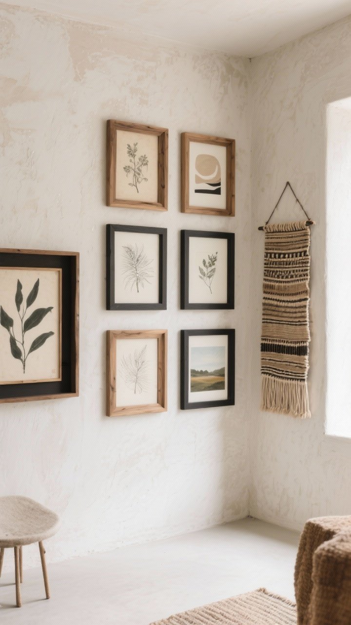 Wide shot: Organic art and wall details—gallery grid of 4–6 frames in muted oak and matte black displaying abstract neutrals, botanical sketches, and a soft landscape print. A woven wall hanging adds texture; a shadow-boxed vintage textile or mud cloth on an adjacent wall. Subtle plaster/limewash finish on walls for organic movement. Natural light, corner angle.