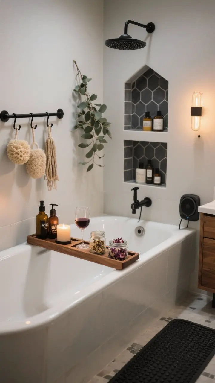 Wide shot: Ritual-ready tub scene with a teak bath caddy holding a candle, a wine glass notch, bath salts and oil bottles, and a jar of dried petals; eucalyptus hangs from the shower head; charcoal hex-tile niche hides products; black metal hook rail holds loofahs and bundles; dimmer-set warm lighting and a waterproof speaker nearby; black anti-slip mat on floor; photorealistic.