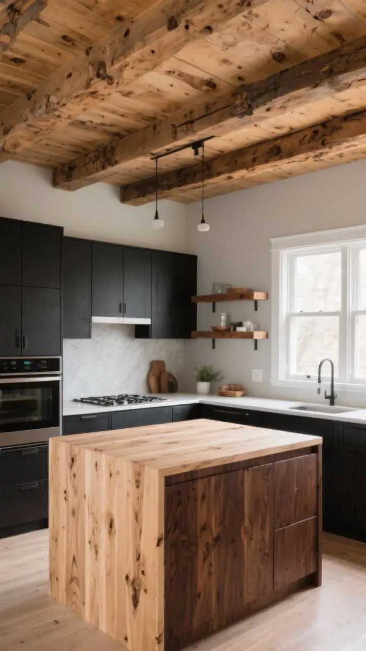Wide shot: Rustic modern kitchen featuring mixed wood tones—light oak island with grain-forward finish, darker walnut floating shelves, and a warm knotty pine ceiling. Matte black slab-front cabinets, walls in soft greige, crisp white trim. Natural daylight from a window, balanced contrast, curated 2–3 wood tones. Subtle styling only; no people.