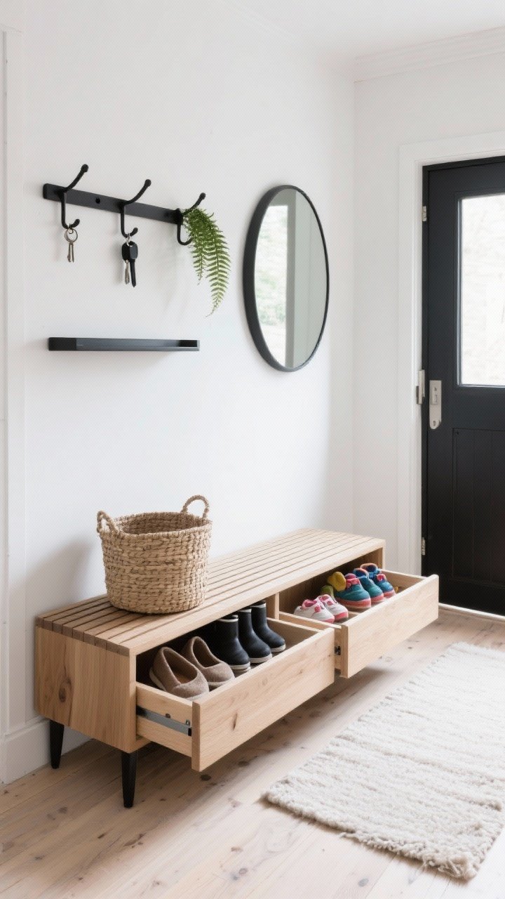 Wide shot, Scandinavian entry nook: whitewashed wall and pale oak floors, a slatted oak bench with two deep pull-out drawers open to reveal divided sections for flats, boots, and kids’ shoes; slim black metal rail above with three pegs and a narrow shelf holding keys and a tiny fern; round matte mirror reflecting light; soft wool runner; a woven basket with slippers tucked beneath one drawer; soft natural daylight, soft whites, pale oak, matte black accents, photorealistic, airy Nordic vibe, straight-on view.