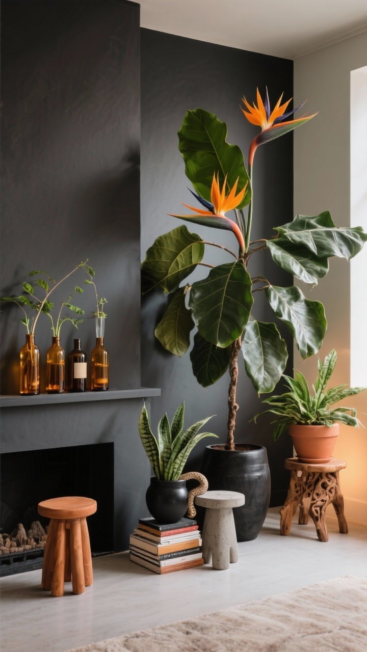 Wide shot: Sculptural plant moment against a charcoal wall—an oversized rubber tree and a bird of paradise as focal points, with a snake plant and ZZ plant at varied heights on stools and stacks of books. Planters in terracotta, matte black ceramic, concrete, and carved wood. On the mantle, an arrangement of amber bottles with water cuttings forms a propagation station. Soft, warm side lighting highlights leaf silhouettes. Angle: corner perspective.