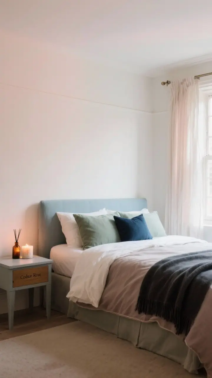 Wide shot showcasing a soft, heritage-inspired color palette: walls in warm white with blush undertones, bedding in romantic neutrals of cream and taupe, accents in sage and duck egg blue, and moody touches via a charcoal throw or inky navy bolster. Matte or eggshell paint finish on walls for velvety feel; sheer curtains filter light like an old film camera. Include a candle or diffuser on the nightstand (amber/cedar/rose label visible), airy and edited; no people.