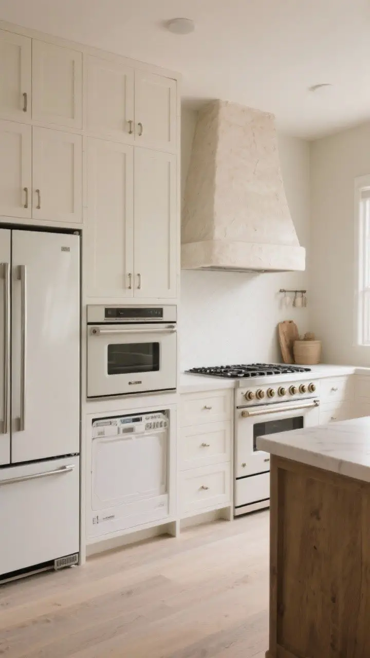 Wide shot: Sleek modern appliances blended with rustic discretion—panel-ready fridge and dishwasher matching warm white cabinetry, a slide-in range with classic knobs, microwave concealed in a tall cabinet or island, and a quiet hood insert hidden behind a plaster shell. Clean lines, minimal interfaces, furniture-like continuity. Soft, even lighting to emphasize materials.