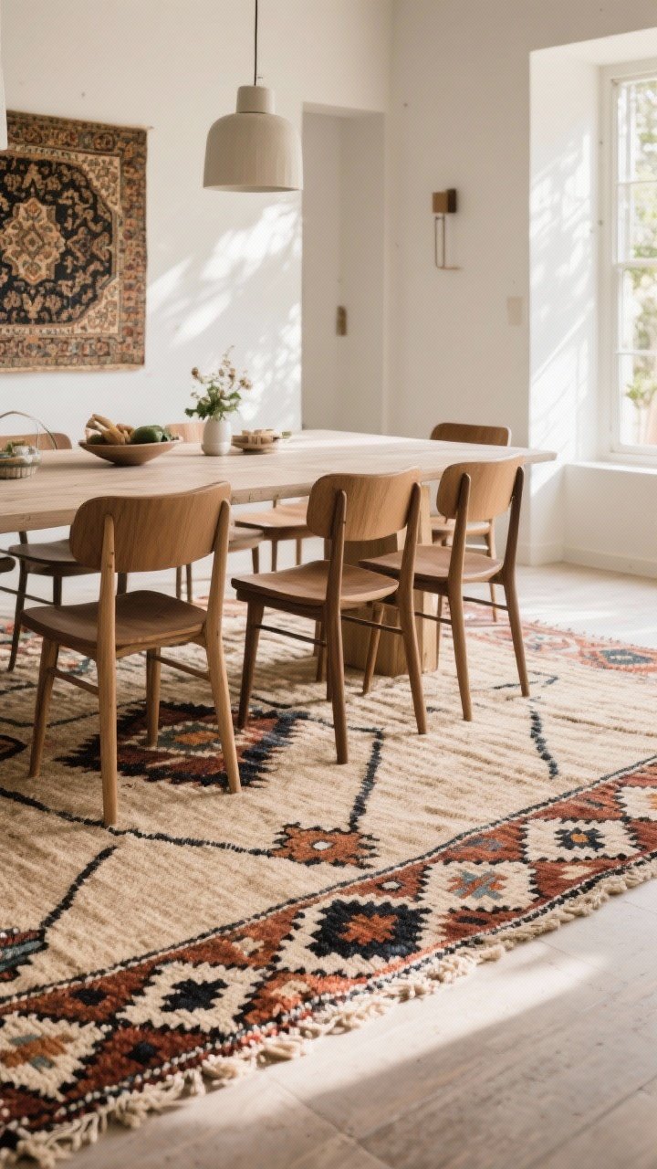 Wide shot, slightly elevated angle: A dining area grounded by a rug that breaks the rules—feature a flatweave kilim with geometric patterns under all chairs (fully supported even when pulled out). Optionally layer a smaller vintage Persian over a large jute base for texture and scale. Keep chairs simpler if the rug is bold, or vice versa. Natural morning light; show chair legs gliding easily on the flatweave texture.