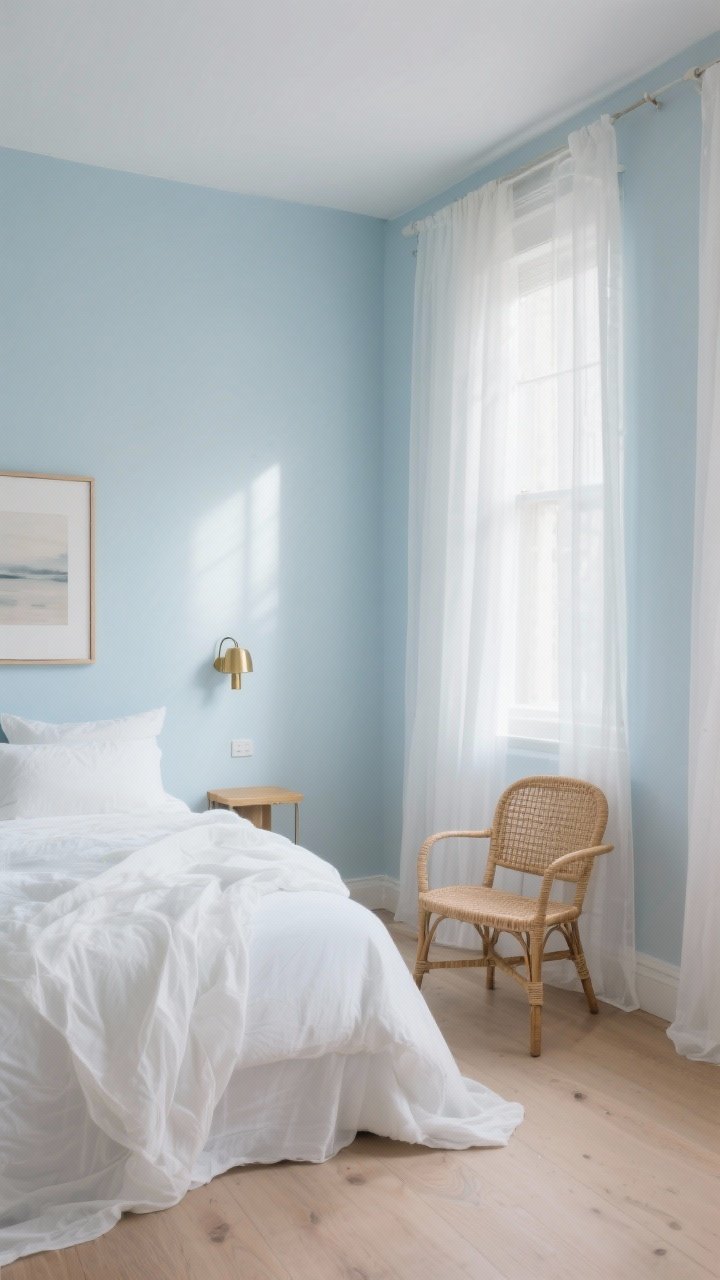 Wide shot: Small bedroom drenched in pale sky blue (Breath of Fresh Air/Misty) with cool morning light making the walls visually recede. White bedding with airy layers, brass bedside sconce, and a rattan accent chair for warmth. Minimal art, pale oak flooring, and sheer white curtains to keep it fresh, not frosty. Photorealistic, straight-on composition with calm, open feel.
