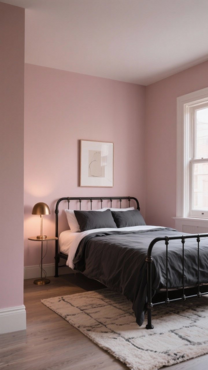 Wide shot: Small bedroom painted muted, dusty blush (Pink Ground/Cameo Stone), modern and not too sweet. Contrast with charcoal bedding and a black metal bed frame; add a bronze bedside lamp for a refined edge. Keep decor minimal to feel open—light rug, simple artwork. Soft, flattering evening light. Photorealistic, straight-on view.