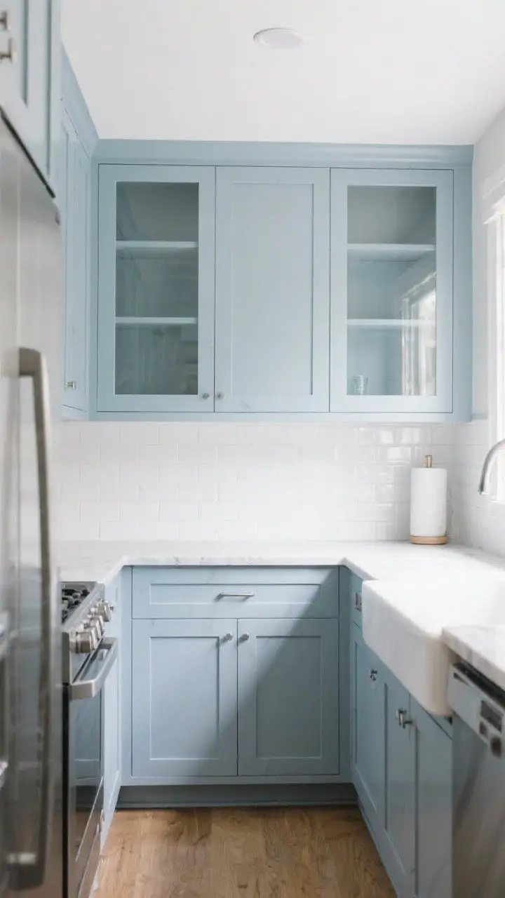 Wide shot: Small kitchen painted in airy powder blue/muted gray-blue, shaker doors with slim rails, glass-front upper cabinets to add depth, and high-gloss white tile backsplash to bounce light. Light quartz counters, minimal decor, bright natural light. Straight-on perspective to make the space feel open and larger.