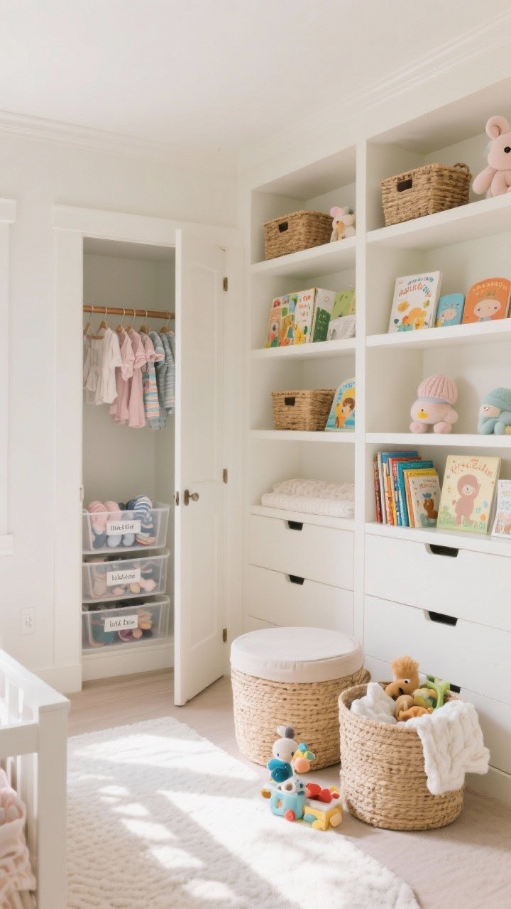 Wide shot: Smart storage integrated into the nursery—built-in shelves styled with a mix of baskets, children’s books, and a few sweet toys, leaving intentional negative space; closet door open to show double rods with tiny clothes and clear labeled bins for socks and hats; large lidded floor baskets for toys and blankets; clean, organized, photorealistic, soft morning light.