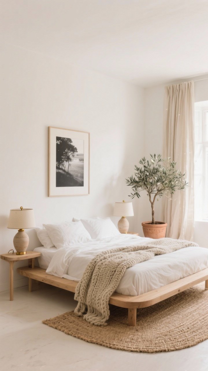Wide shot, soft cloud white bedroom with warm creamy undertone on walls; light oak platform bed with rounded corners; natural linen bedding layered with a chunky knit throw at the foot; woven jute rug; flax linen curtains; ceramic table lamps in soft brushed brass hardware; oversized black-and-white photography above the bed; a single olive tree in a clay pot; bright, clean Sunday-morning natural light; photorealistic, calm and airy.
