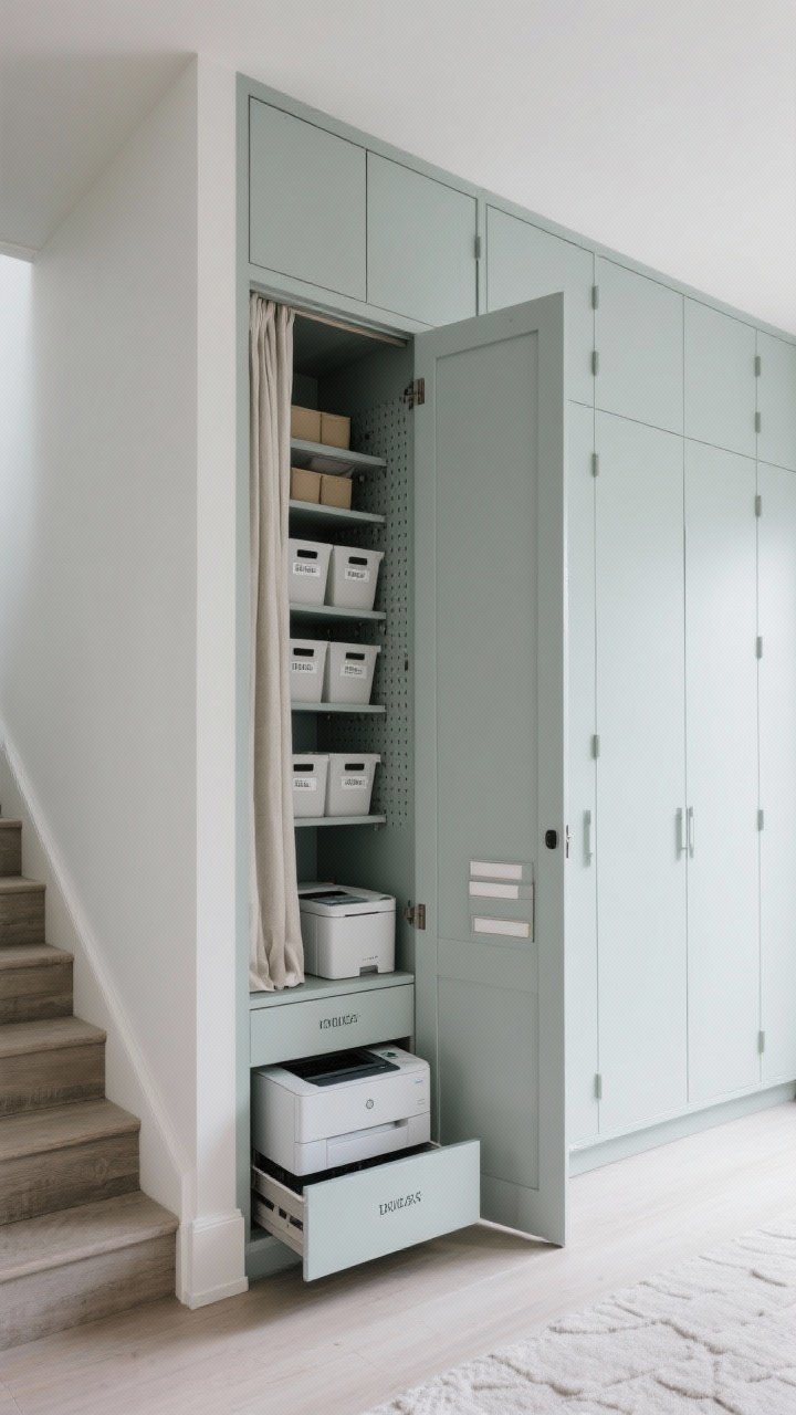 Wide shot: Storage that disappears—baseboard-depth cabinets painted to match the wall color running along one side, doors flush and minimal; a closet with the door open showing neatly added shelves, labeled bins, and a pegboard on the inside of the door; under-stair drawers partially open to reveal a printer and shredder; unified label font and color, minimalist vibe with a slim vertical file concealed behind a curtain panel.
