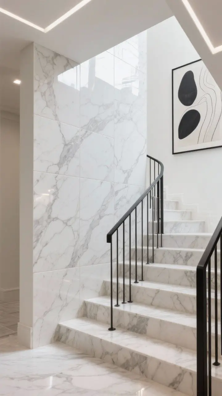 Wide shot, straight-on: A luxe staircase accent wall clad in large-format porcelain tile with subtle marble veining, minimal grout lines for a sleek look. The glossy surface softly reflects light and pairs with a black metal railing. Accessories are minimal—one oversized abstract canvas offsets the texture without competing. Even, bright artificial lighting highlights the tile’s polished finish.