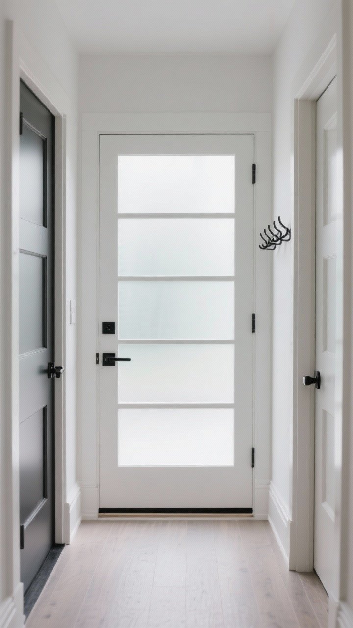 Wide shot, straight-on: Clear sightlines from a small entry into the home—frosted glass-panel interior door letting light flow, low-profile matte black hardware consistent across doors, a coat rack mounted behind the door swing out of immediate view, and simplified baseboards and thresholds for uninterrupted visual lines; bright, even lighting.