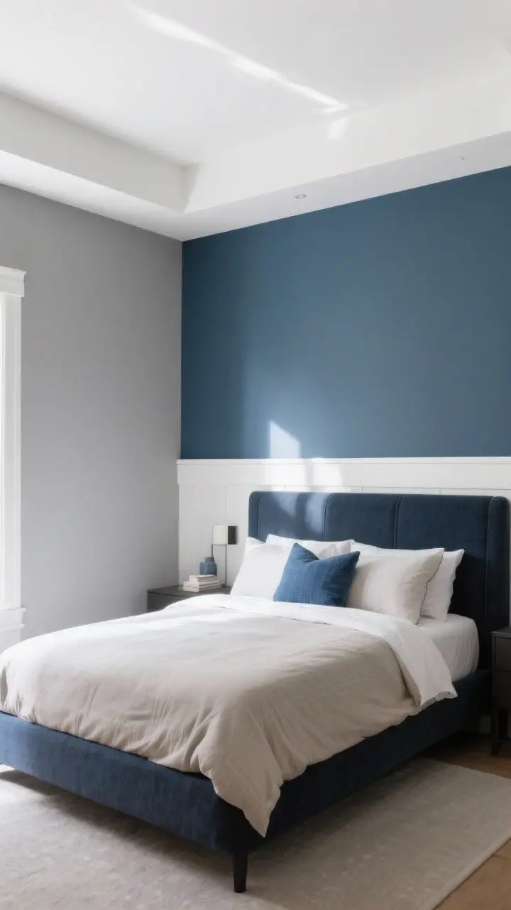 Wide shot, straight-on view: A modern bedroom with two-tone walls—muted slate gray on top and a richer mid-tone dusty blue on the bottom—separated by a crisp white chair rail; a dark navy accent wall behind the headboard anchors the bed with white ceiling kept bright; bedding in soft neutrals pops against the blue; include examples of color pairings like greige with denim-blue decor accents and a charcoal trim in satin finish; natural daylight with soft shadows, photorealistic, no people.