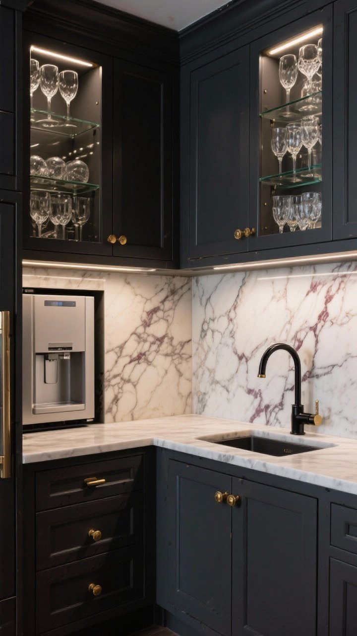 Wide shot, straight-on view of a compact “moody marble jewel box” butler’s pantry: deep charcoal inset cabinetry with unlacquered brass knobs, seamless Calacatta Viola marble countertop and full bookmatched backsplash showing wine-toned veining, glass-front upper cabinets glowing with integrated shelf lighting displaying crystal stemware, panel-ready undercounter fridge and slender ice maker hidden behind matching doors, a small prep sink with a blackened nickel faucet in a sleek wet zone; color story of charcoal, wine, brass, and off-white stone; low, intimate ambient lighting for dramatic contrast, photorealistic.