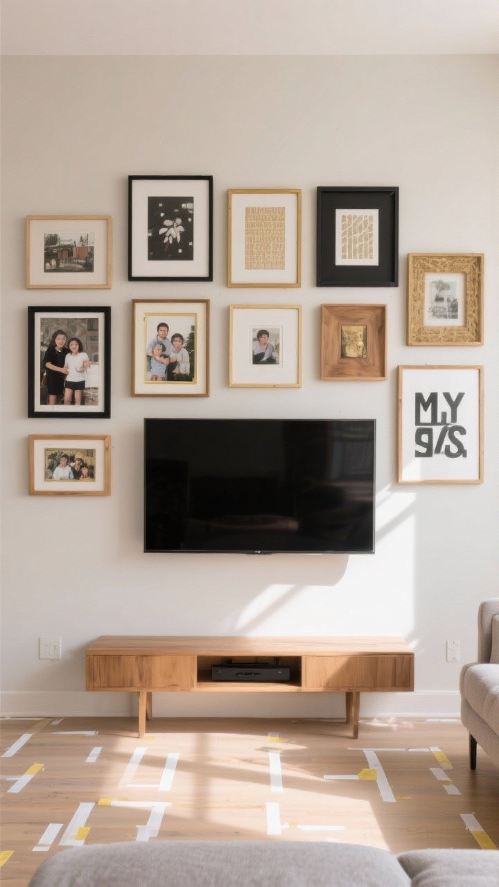 Wide shot, straight-on view of a living room TV wall transformed into a statement gallery wall: a wall-mounted flat-screen TV surrounded by mixed-size frames in black, natural wood, and brass finishes; a balanced mix of art prints, family photos, and bold typography pieces; 2–3 inch gaps between frames forming a clean grid with a few organically placed pieces; neutral walls, soft natural daylight, painter’s tape paper templates visible on the floor as a subtle styling cue; photorealistic, no people.