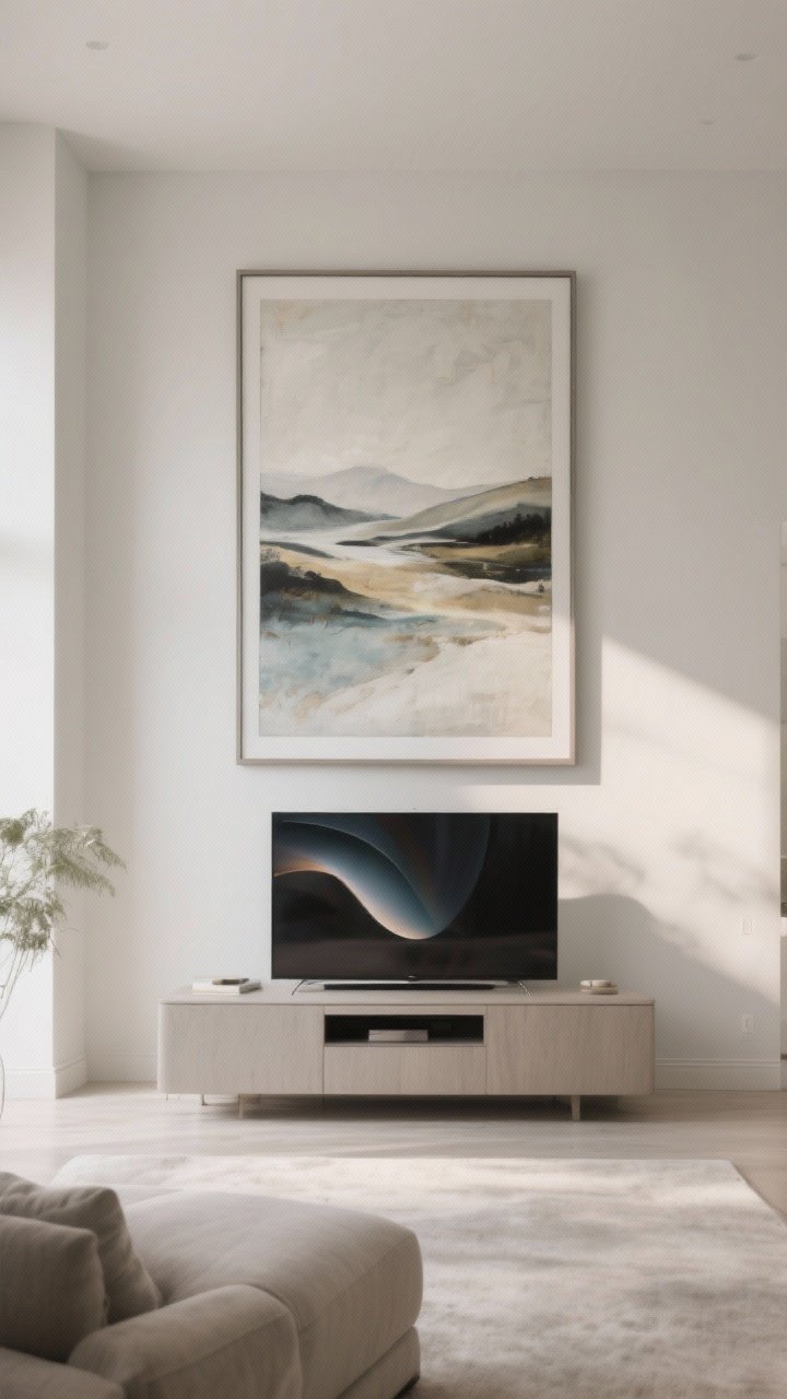 Wide shot, straight-on view showcasing one oversized art piece hung above a TV: a large abstract or soft landscape in a matte frame to reduce glare, the bottom edge positioned 3–6 inches above the TV; neutral wall, restrained styling around the console to reduce visual noise; optional frame TV on the wall displaying complementary digital art; diffused natural light for a calm, bold, clean mood; photorealistic.