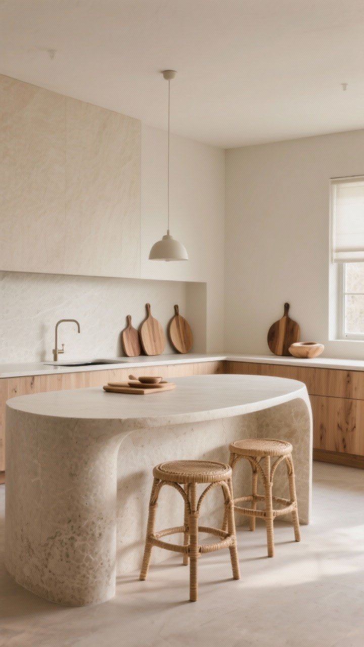 Wide shot: Subtle curves and organic shapes—rounded island corners, curved-back stools with cane details, eased/rounded countertop edges, and softly rounded cutting boards displayed on the counter. Neutral palette, natural wood and stone textures, balanced geometry, gentle morning light, photorealistic, no people.