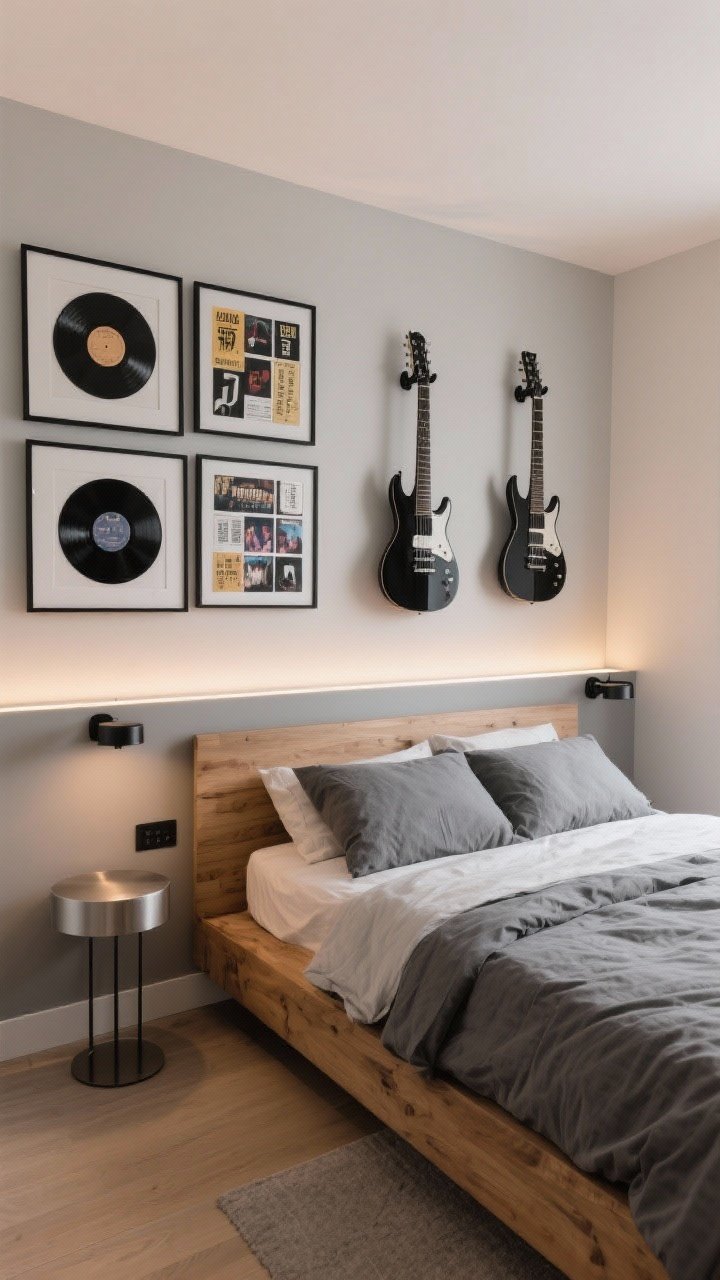 Wide shot: Subtle themed bedroom leaning into music. Neutral big pieces: wood bed and gray bedding. Wall art: framed vinyl records and a concert ticket collage in black frames. Two guitars on sleek wall mounts, matte-black hardware, and a small metallic accent side table. Soft warm lighting, minimal LED strip accent tucked under a shelf.
