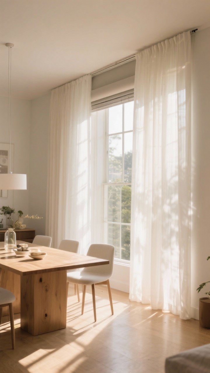 Wide shot: Sunlit dining room with wall-to-wall, beyond-frame sheer curtains in warm white that diffuse harsh sunlight into a dreamy glow; paired discreetly with a hidden blackout roller for night privacy; sheer panels hung high to visually enlarge the window; minimalist decor to spotlight the soft light.
