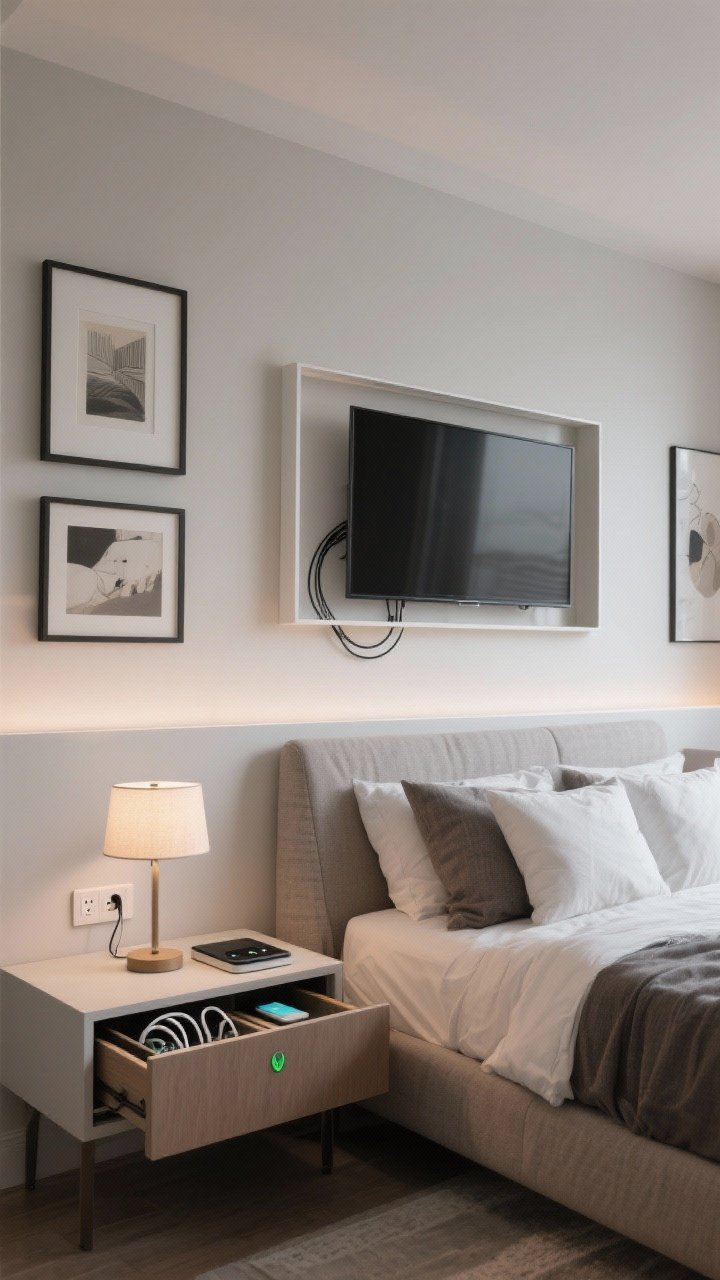 Wide shot: Tech-hidden bedroom—TV wall-mounted with slim frame-style bezel and a subtle gallery of art around it, cords concealed with fabric cable sleeve; nightstand drawer slightly open showing an integrated charging station; cords corralled in a tray; voice-controlled smart plug visible near a lamp; overall low visual noise, calm lighting.