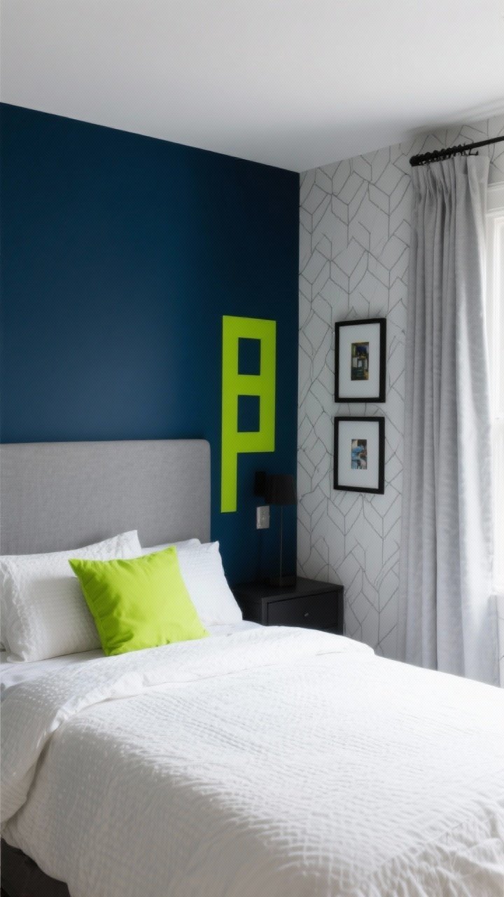Wide shot: Teen boy bedroom featuring a clean color story. Navy, gray, and white palette with a neon green accent. One navy-painted accent wall behind the bed, light gray curtains, white bedding with subtle texture, and a neon green accent pillow. Removable geometric wallpaper on a side wall, matte black frames, and warm natural daylight. Cozy feel with dark wall balanced by light bedding.