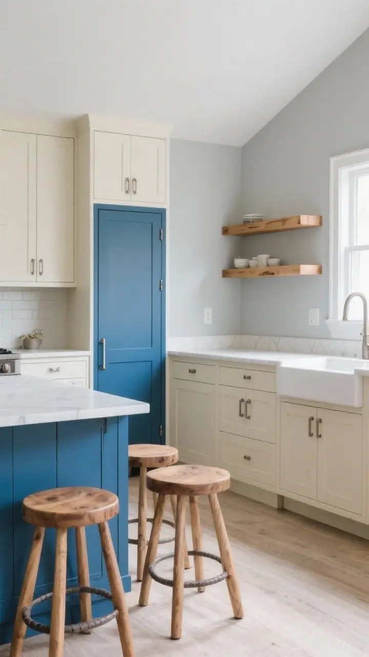 Wide shot: Two-tone kitchen with blue lower cabinets and white oak uppers, featuring a companion blue pantry cabinet and warm cream perimeter cabinets. Winning combo emphasis: steel blue lowers + white oak uppers; dusted denim pantry + warm cream perimeter. Oak open shelves and matching oak bar stools for repetition. Pale gray walls, brushed hardware, even daylight, corner angle to show layered color story.