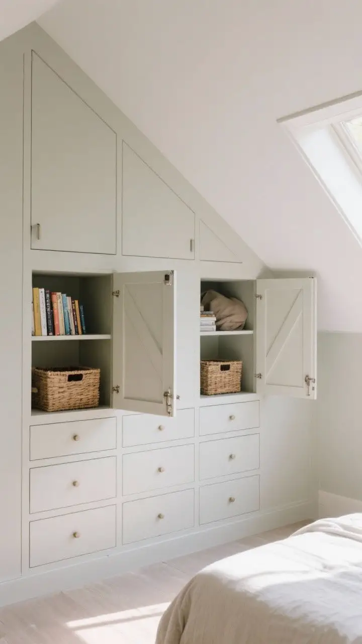 Wide shot: Under-eave custom built-ins spanning a low knee wall in an attic bedroom, drawer banks that follow the angled ceiling line, a couple of hinged lift-up doors accessing deep cavities for off-season storage, open cubbies with books and woven baskets, all millwork painted to match the wall color for a seamless look, pale neutral palette with matte finish, neatly styled bed nearby, soft daylight raking across the cabinetry, photorealistic.