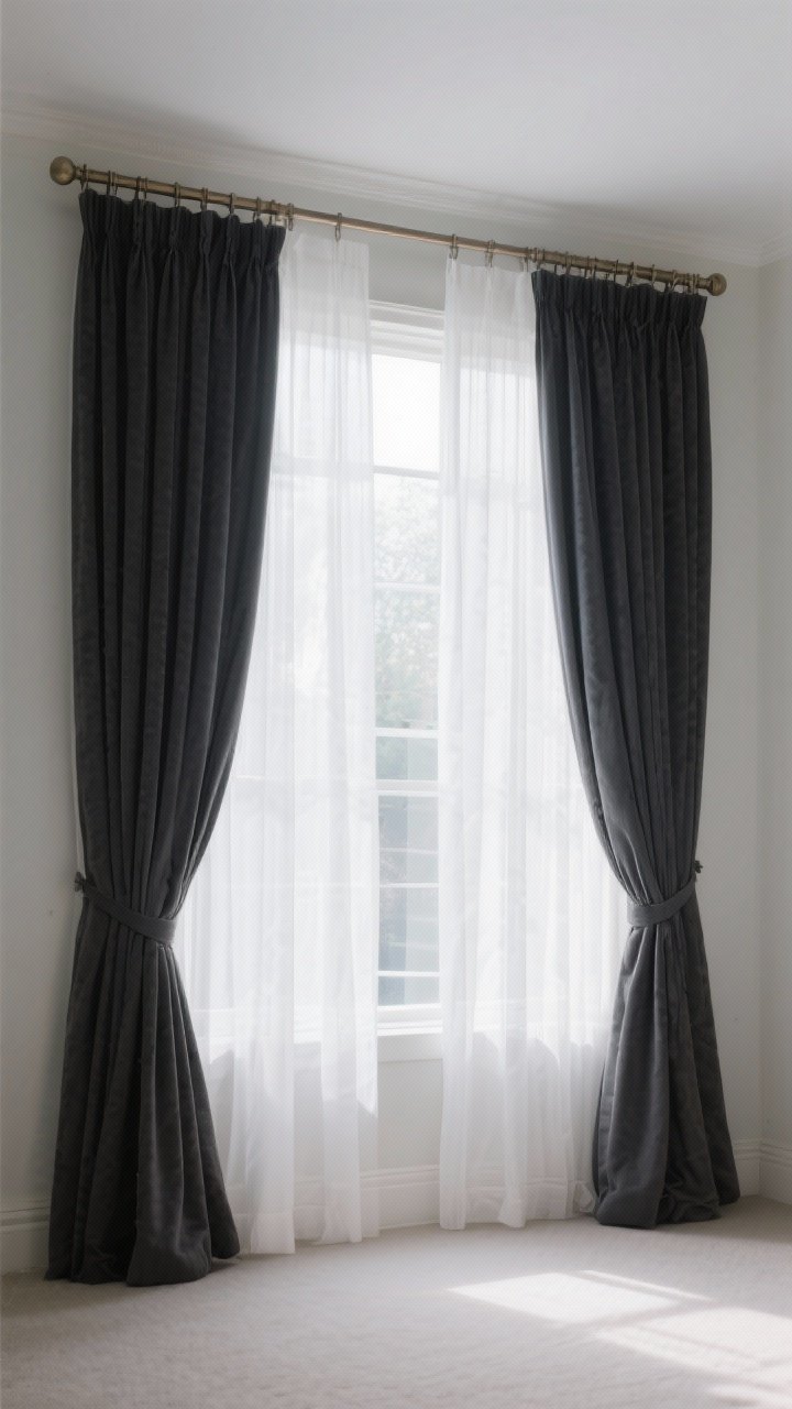 Wide shot: Window wall with layered treatments—floor-to-ceiling installation, rod mounted 8 inches above window and extended 10 inches past each side; airy white sheers drawn, blackout curtain panels in deep charcoal pulled to the sides; thermal lining noted; soft filtered daylight making the room feel taller and polished.