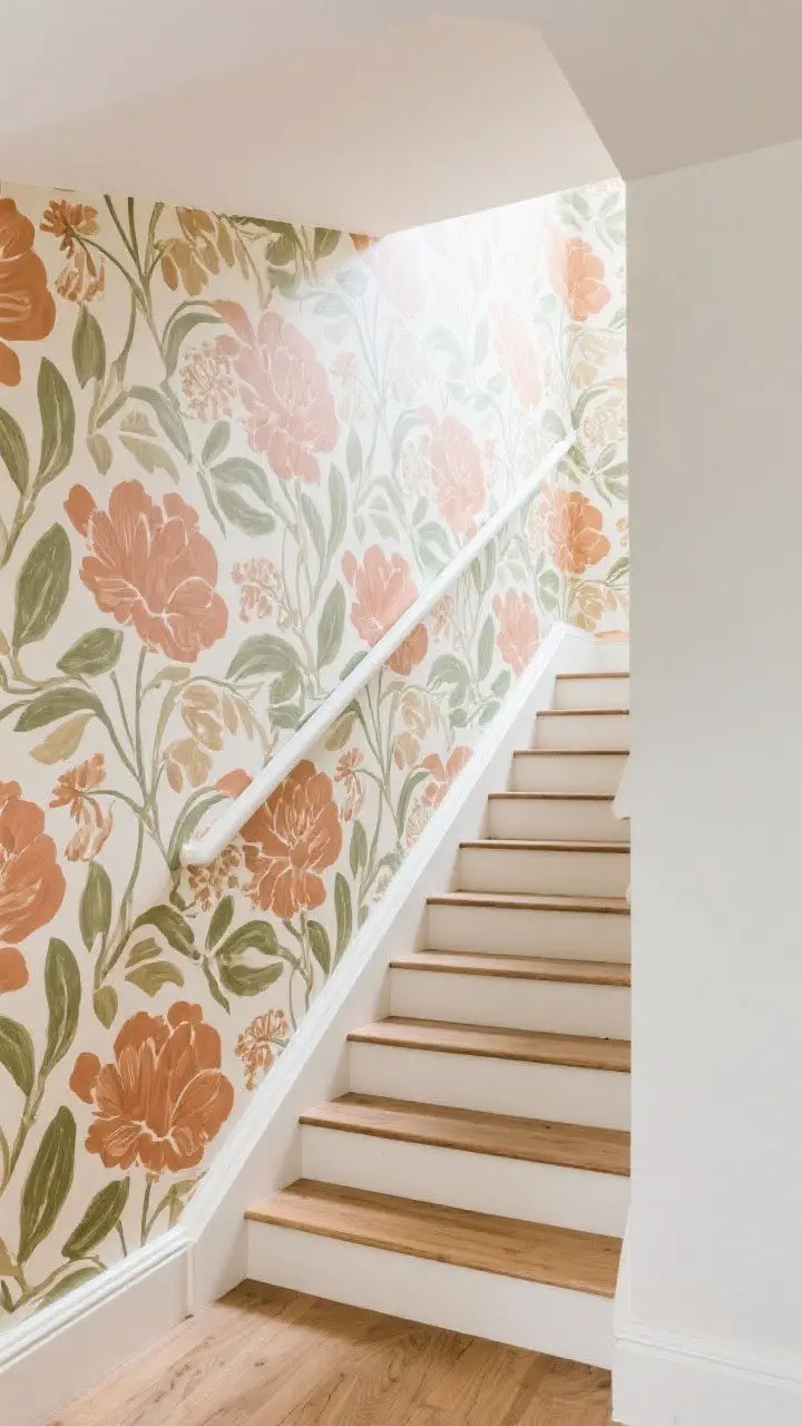 Wide shot with angled view: A stairwell wrapped in statement wallpaper installed along a sloped ceiling. Large-scale floral pattern in muted terracotta, moss, and cream tones creates movement as you ascend. The wallpaper is peel-and-stick for crisp alignment at angles. Clean white trim, light oak treads, and minimal decor allow the pattern to shine. Bright, even natural light enhances color without glare.