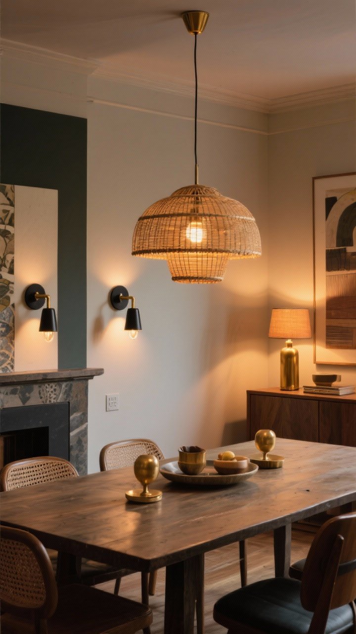 Wide shot with lighting emphasis: Layered lighting in an eclectic dining room—center a statement fixture (choose rattan dome, mid-century globe cluster, or an artful chandelier) above the table, add a symmetrical pair of plug-in wall sconces, and a warm-shaded lamp on a sideboard. Mix finishes: brass pendant + black sconces. All lights on dimmers set to a warm, low evening glow. Surfaces catch gentle highlights without harsh hotspots.