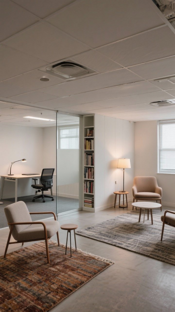 Wide shot: Zoned basement office—distinct areas defined by rugs and lighting instead of walls: a work zone with a simple desk and task lamp, a think zone with a lounge chair, side table, and floor lamp, and a meet zone with a small round table and two chairs; a slim bookcase used as a divider without blocking light, open and airy layout, cohesive materials.