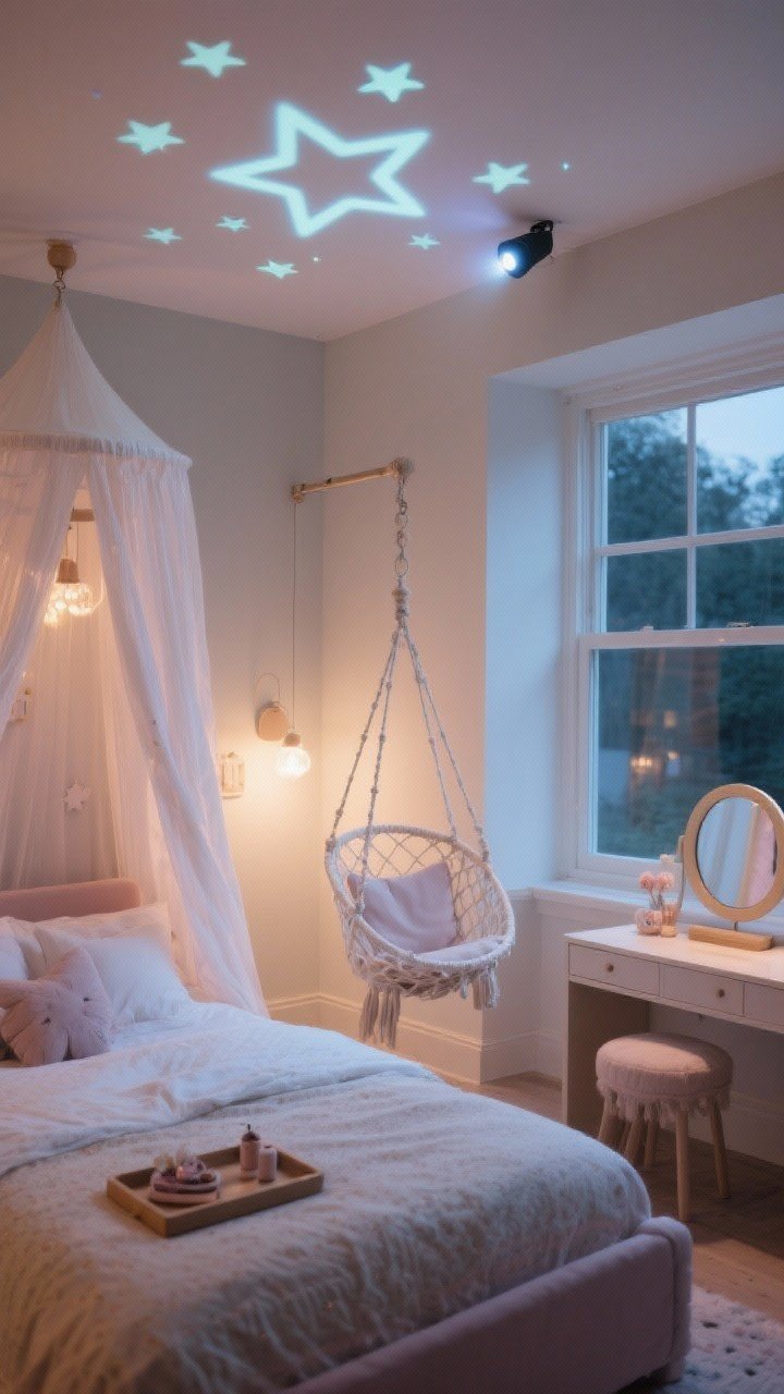 Wide, slightly angled shot featuring joyful little luxuries: airy canopy over a bed creating a dreamy hideout, a safely mounted hanging chair near a window, subtle glow-in-the-dark star decals on the ceiling and a small star projector casting patterns, plus a petite vanity setup with a round mirror and tray for accessories; ensure sturdy installation cues; evening lighting to showcase magical glow.