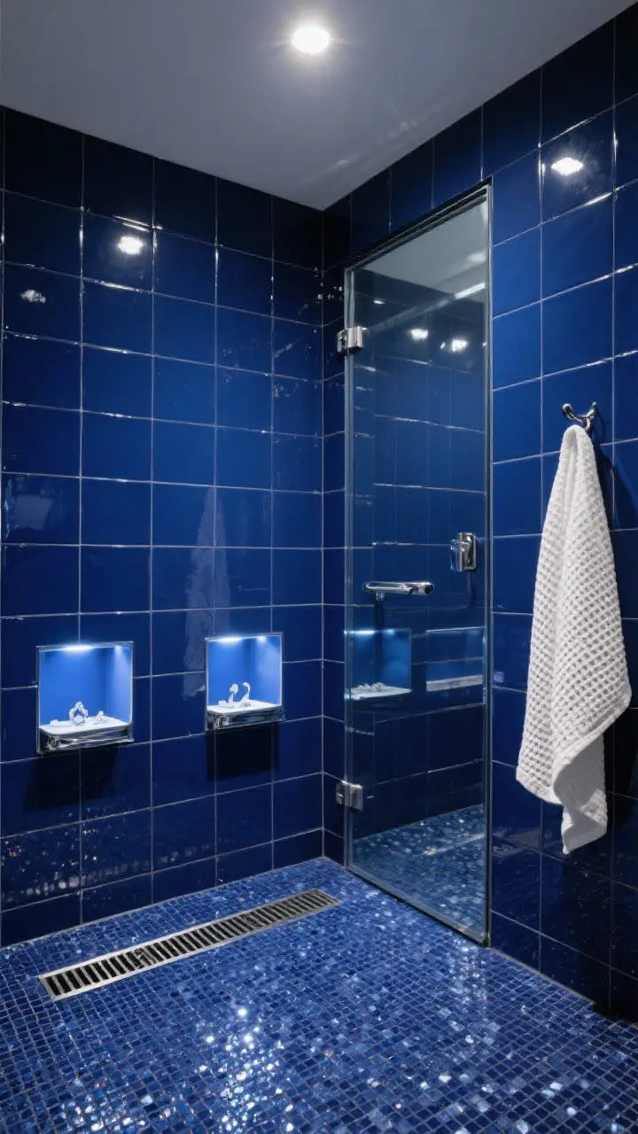 Wide straight-on cube view: walls and ceiling wrapped in deep navy 1x1 super-gloss porcelain mosaics, matching navy micro mosaic floor forming a continuous shimmering plane with a low-profile tileable linear drain; two LED-lit niches glowing like jewelry boxes; sleek polished chrome fixtures; full-height frameless glass door completing the cube; crisp, reflective lighting that makes the navy tiles sparkle; minimal styling with a white waffle robe on a chrome hook outside frame edge.