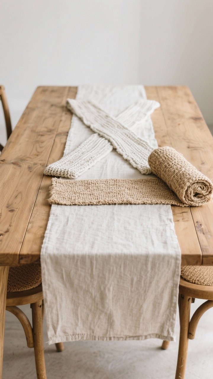 Wide straight-on shot featuring the art of the runner: a beautiful wood table with visible grain, a classic neutral linen runner hanging 8 inches at each end; at the midpoint, two narrower runners create a subtle X-layered effect; texture variation shown with a chunkier knit runner folded at the side and a rolled jute runner for summer; airy, modern, no full tablecloth.