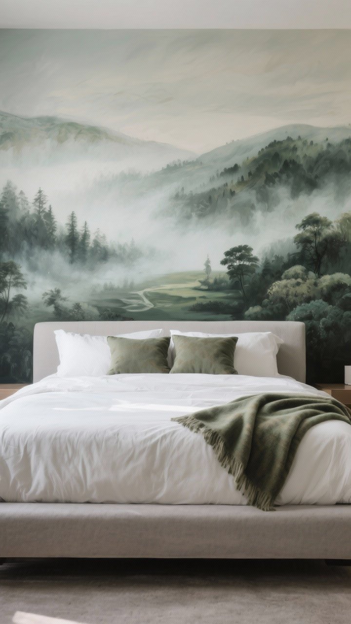 Wide, straight-on shot of a bed against a dramatic hand-painted mural of a misty landscape in muted greens and grays; simple, low-profile bedding and minimal furniture so the mural is the star; matte finish to avoid reflections; two accent pillows and a throw that pull colors from the mural; soft, diffused daylight.
