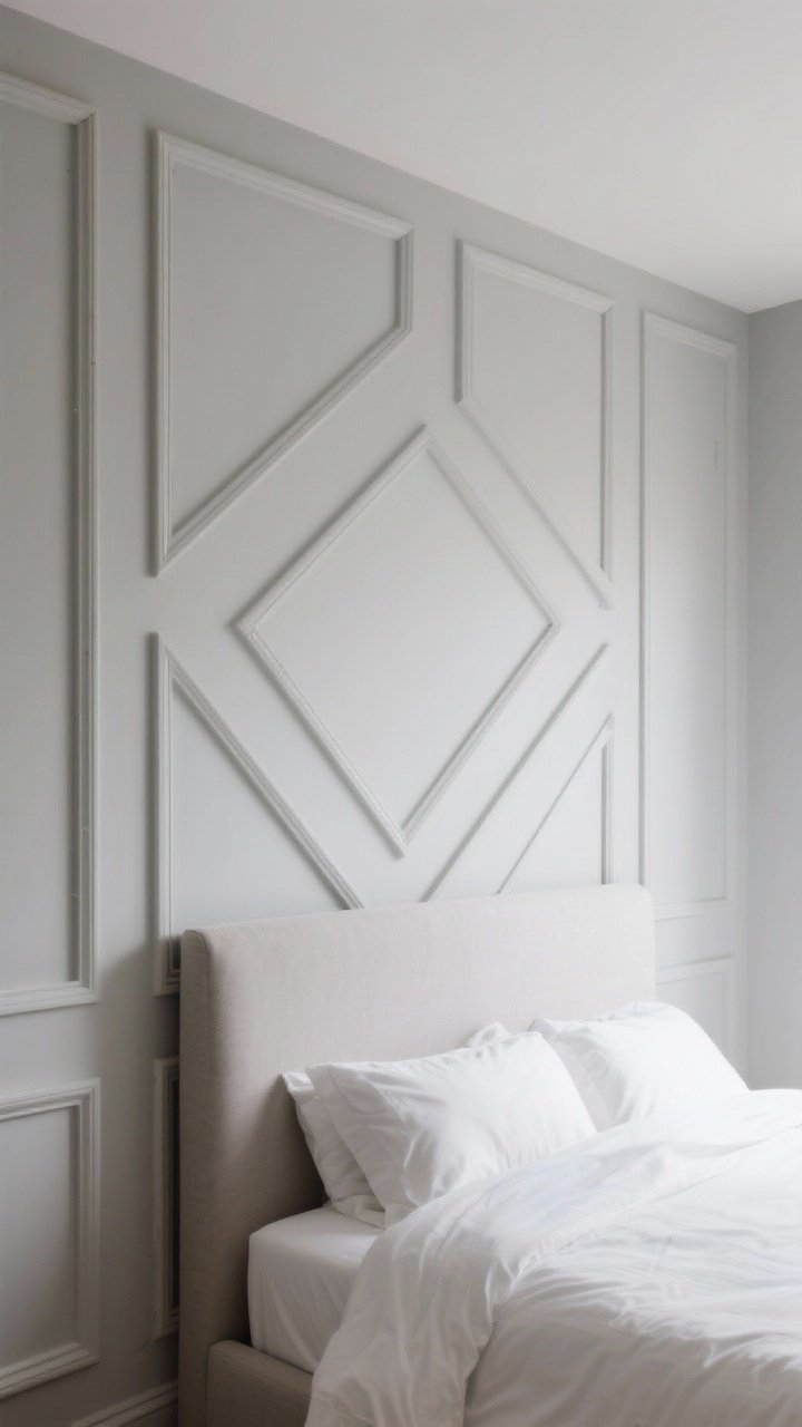 Wide, straight-on shot of a bedroom wall with geometric picture-frame molding arranged in a bold pattern, all painted one monochrome tone in soft greige; low-profile upholstered headboard and crisp bedding; smooth caulked seams for a seamless finish; include a mitered corner detail visible; soft natural daylight to emphasize architectural charm without shadows.