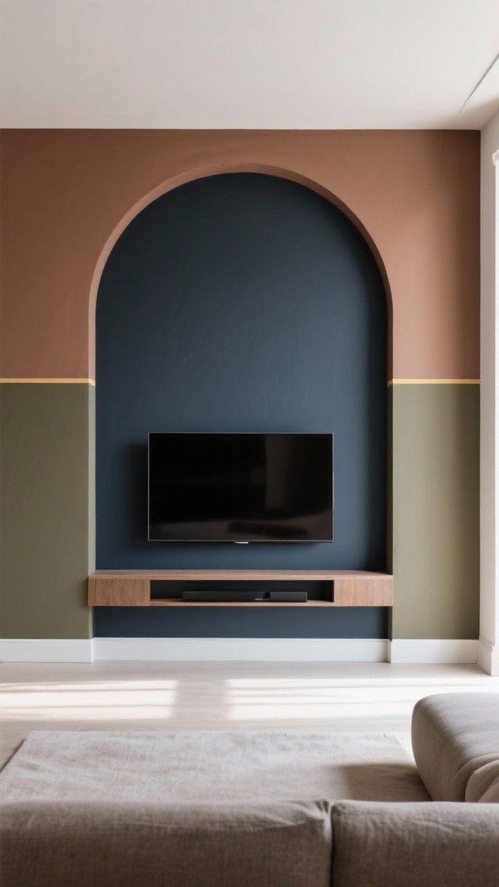 Wide, straight-on shot of a color-blocked accent behind and above the TV: a painted rectangle or soft-arched panel in charcoal or moody navy that makes the TV visually recede; optional muted clay or olive alternate scene; tone-on-tone walls with the block one shade deeper for subtle sophistication; clean tape lines visible at the edges; bright daytime light showing rich paint depth; photorealistic.