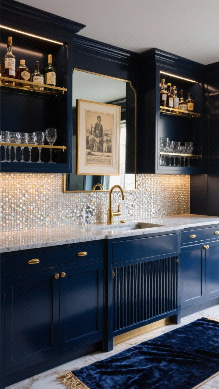 Wide straight-on shot of a glam cocktail salon pantry: high-gloss navy cabinetry, mirror-backed display shelves with brass gallery rails corralling bottles and glassware; smoked quartz countertop with subtle sparkle; pearlized mosaic tile backsplash; fluted-front ice drawer; polished gold statement faucet; a framed vintage bar print and a velvet runner for luxe texture; moody, glimmering bar lighting.