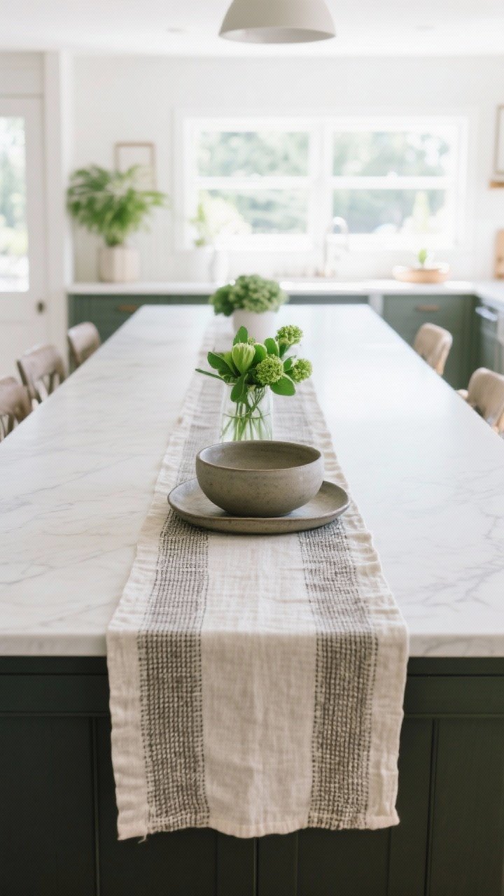 Wide, straight-on shot of a long island styled with layered textures: a narrow washable linen or cotton runner down the center, anchored by a chunky bowl or low tray, plus a simple green arrangement (no flowers). Emphasize fabric weave, matte ceramics, and lush greenery. Bright, even daylight for a pulled-together, dining-table feel.
