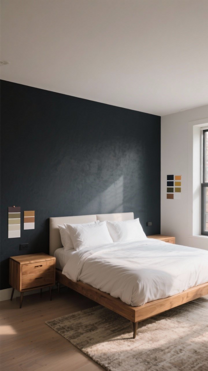 Wide, straight-on shot of a modern bedroom with a single moody accent wall painted in a deep charcoal matte behind the bed; light bedding in warm white linen, natural wood nightstands, and a neutral rug; soft morning light from a side window showing rich, saturated color depth and contrast; include paint swatches taped on the wall near the corner to hint at sampling; boutique-hotel vibe, no additional bold decor.