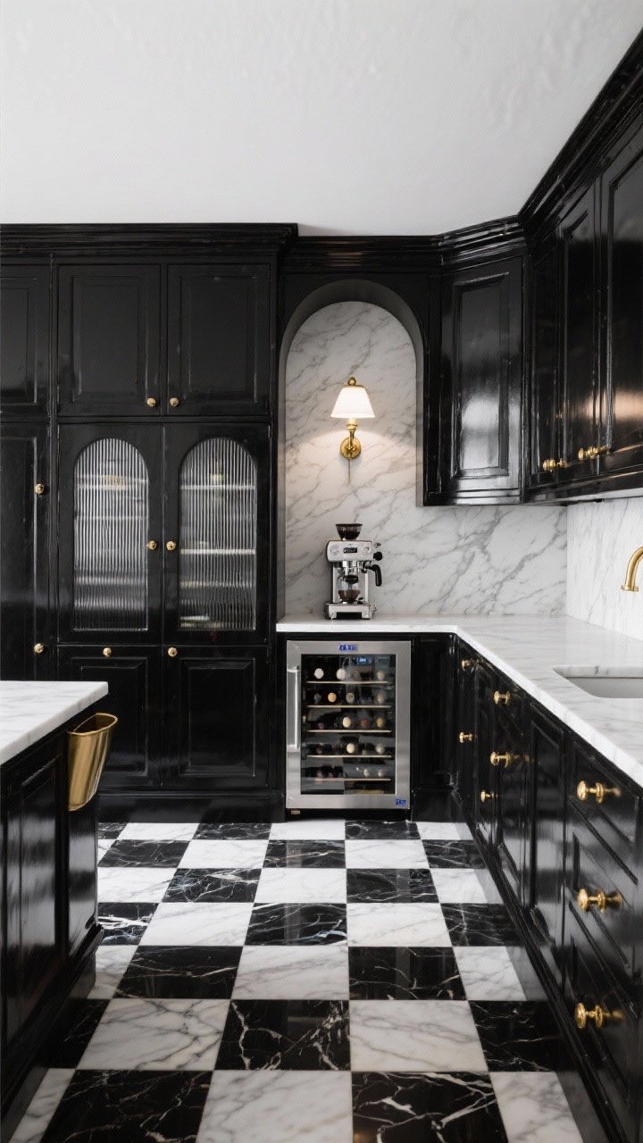 Wide straight-on shot of a Parisian black-and-white classic pantry: black lacquered cabinets with polished brass bin pulls, white marble counters, checkerboard black-and-white marble (or porcelain) floor; ribbed glass doors on uppers; petite French bistro sconce above a compact espresso station tucked beneath arched upper cabinets; an undercounter wine fridge; crisp, reflective lighting to highlight lacquer sheen and brass accents.