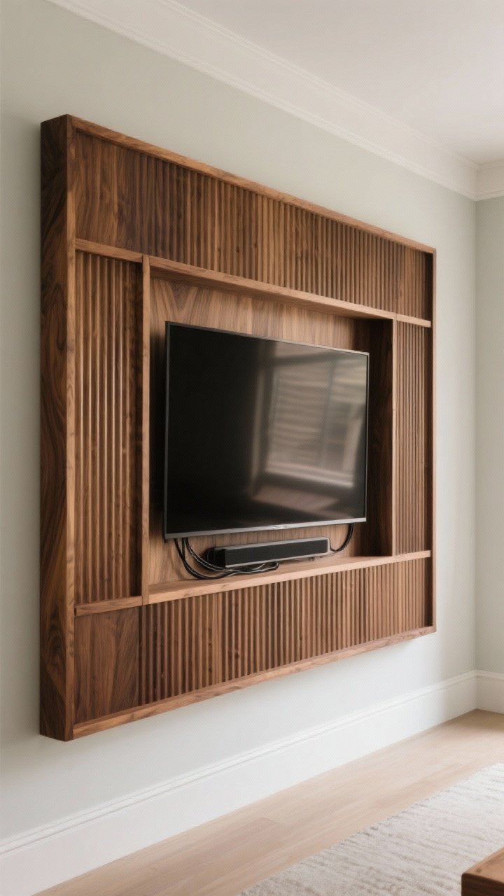 Wide, straight-on shot of a TV wrapped in architectural millwork: vertical oak or walnut wood slats framing the TV for a mid-century vibe, with hidden cable management via a discreet cord channel; optional fluted panels on the outer perimeter to add designer texture; painted MDF trim in the wall color creating a tailored border; soft, even lighting that emphasizes wood grain and panel relief; clean, custom look, photorealistic.