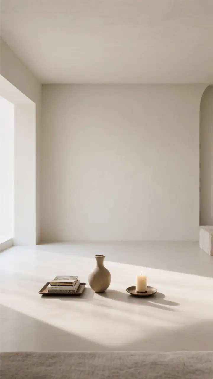 Wide straight-on shot showcasing intentional negative space: only two clusters—a tray with books and a vase, and a single candle—filling about 60–70% of the surface; generous empty area left open; airy, calm composition conveying quiet luxury; neutral palette with subtle contrasts; balanced daylight.