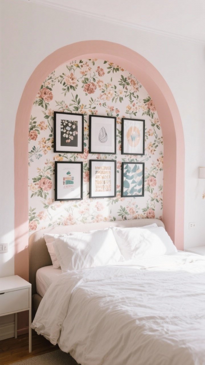 Wide, straight-on view of a statement wall behind a bed in a rental-friendly setup: peel-and-stick floral wallpaper on one wall, a painted arch acting as a faux headboard in a muted blush, and a clean gallery grid of matching thin black frames with posters and DIY art; keep other walls warm white and furnishings minimal so the focal wall shines; natural daylight with gentle shadows; no people.
