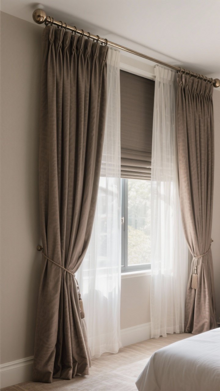 Wide, straight-on window scene: Floor-to-ceiling drapes hung high and wide, pinch-pleat headers, lined and interlined for hotel-grade fullness; blackout roller shades tucked behind sheer panels for daytime glow; rich, tonal drapery matching the wall color for seamless sophistication; substantial solid metal rod with weighty finials; soft morning light filtering through sheers.