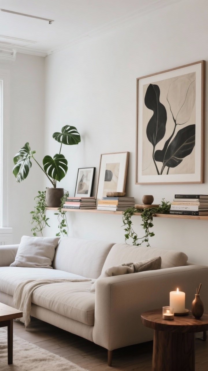 Wide-to-medium shot personalizing the studio: one large art piece above the sofa, additional art leaning on a picture ledge for easy swaps, a sculptural rubber plant and trailing ivy on shelves, stacks of books used horizontally as pedestals for a candle and small objects; subtle hint of a lit candle for a signature scent; balanced natural light, curated but not cluttered.