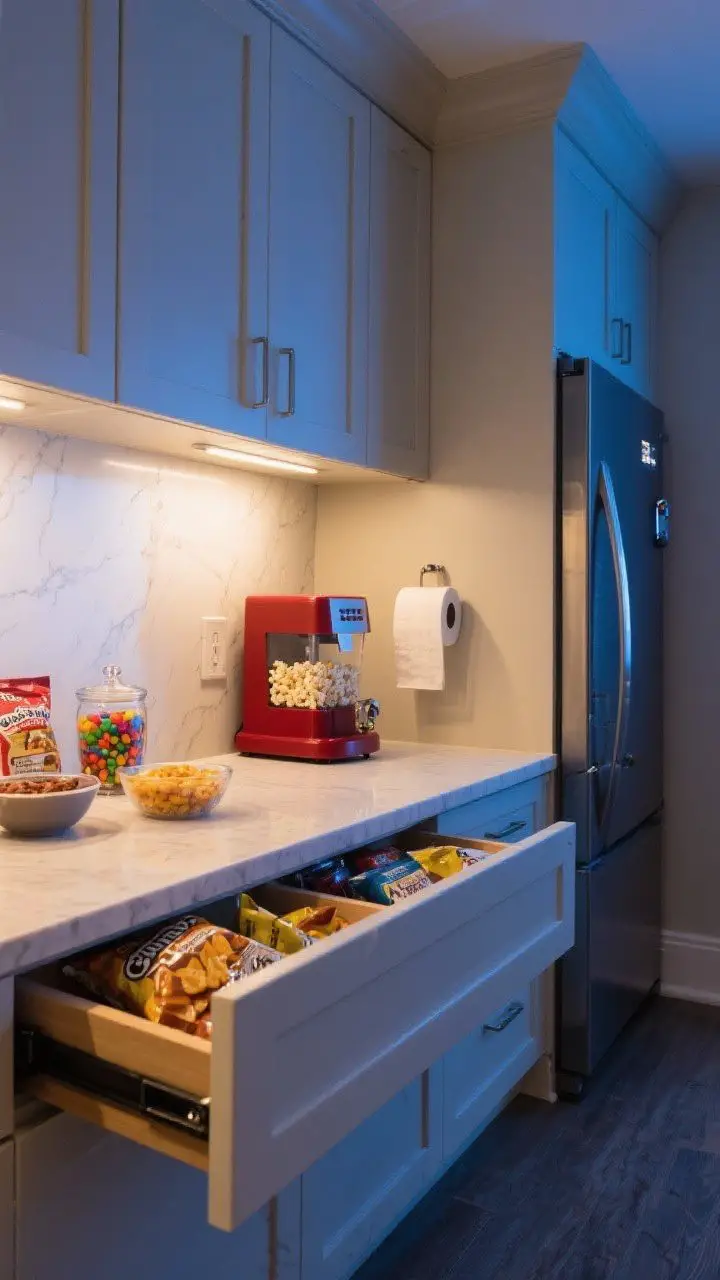 Wide wall view of a movie-night snack station with built-ins: enclosed upper cabinets for quick cleanup, a narrow countertop with a popcorn maker and candy jars, deep pull-out drawers slightly open showing chip bags and bowls, and a counter-depth beverage fridge with a locking door. Wipeable quartz countertop in a light tone, paper towel holder mounted under uppers. Evening cinema ambiance.