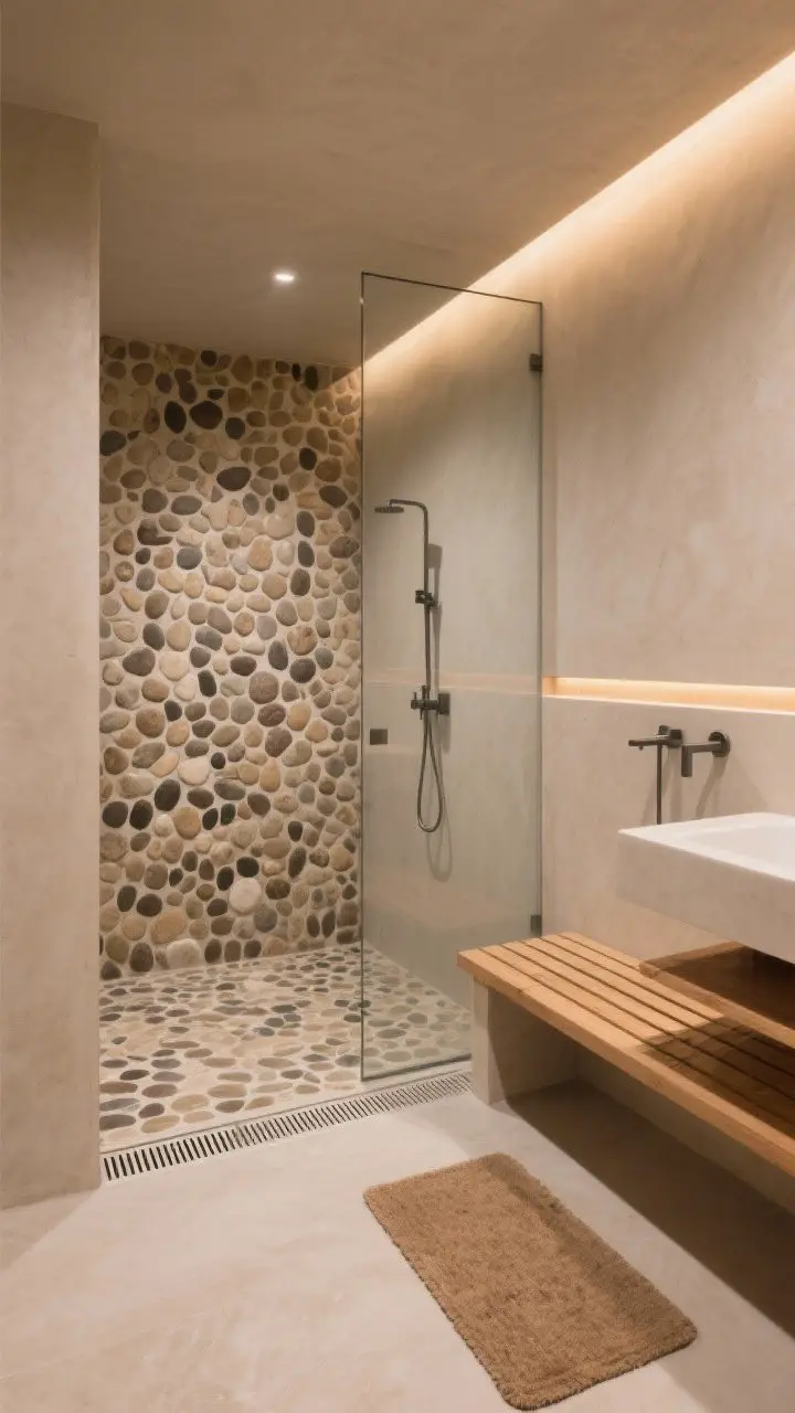 Wide wet room scene with Japandi vibe: entire bath as mini wet room; shower zone defined by river pebble mosaic floor in taupes and creams, walls in smooth warm putty troweled microcement; brushed graphite fixtures, simple cedar slat bench inside, wooden bath mat just outside; linear drain tucked along the back wall; single glass divider without a door; warm LED strip glowing under a floating shelf; calm, zen mood from a slightly elevated corner angle.